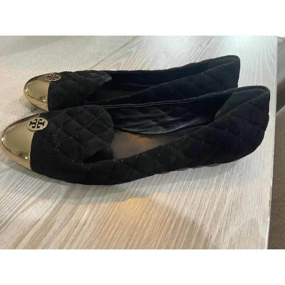 Tory Burch Women's Kaitlin Quilted Suede Ballet Flats Black/Bronze Size 9298